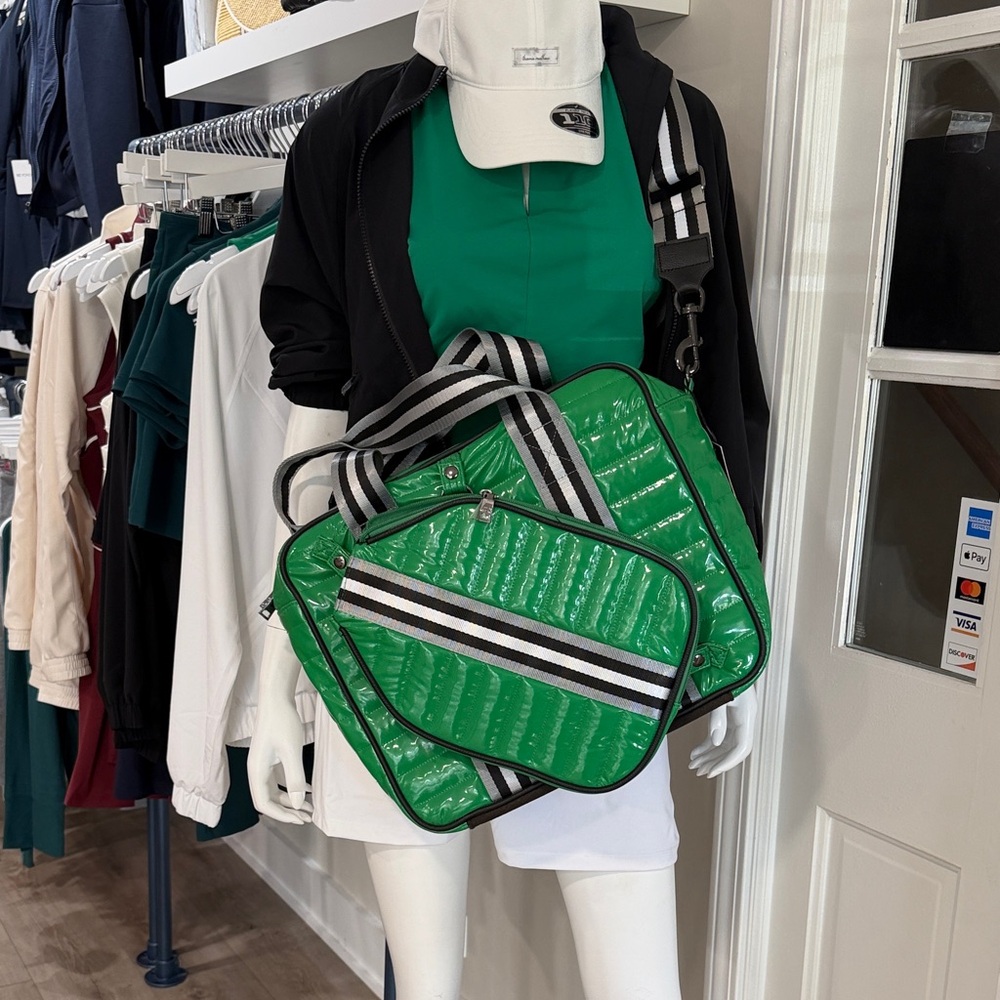 Green Quilted Crossbody Bag with Striped Strap